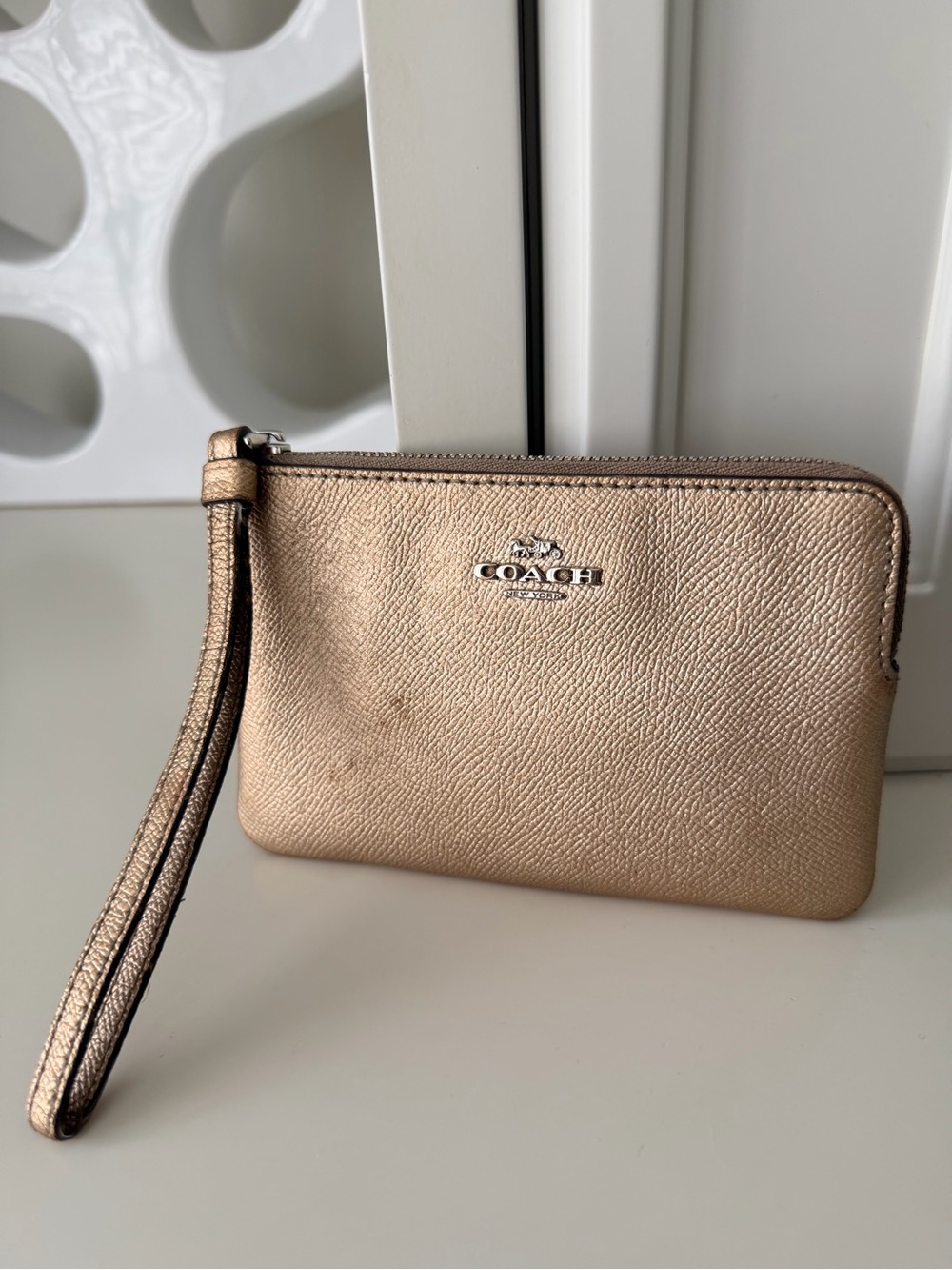 COACH Classic Textured Leather Metallic Small Wristlet pouch